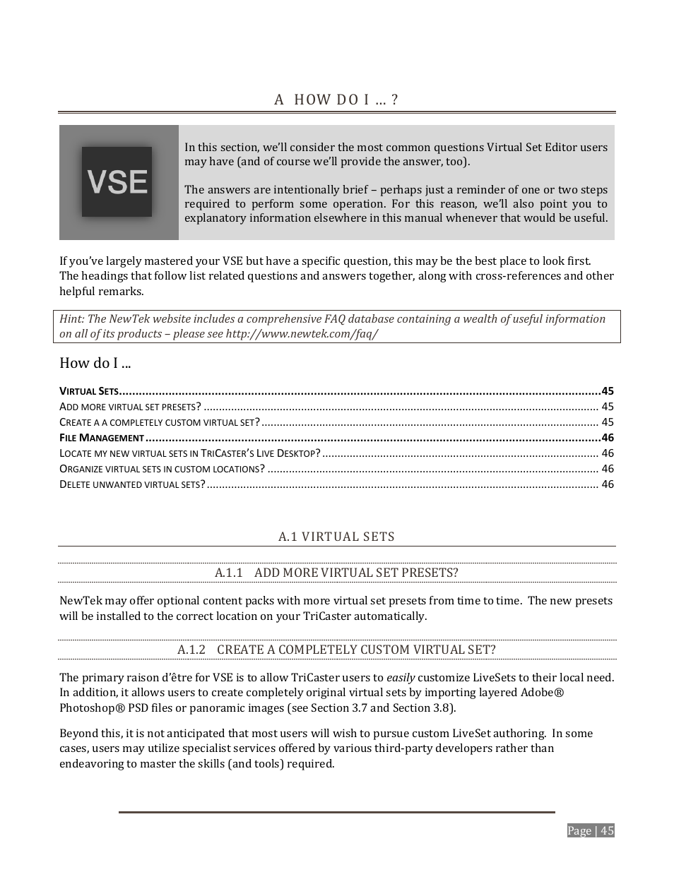 A how do i, A.1 v, Irtual | A.1.1 a, Dd more virtual set presets, A.1.2 c, Reate a completely custom virtual set, How do i | NewTek Virtual Set Editor User Manual | Page 47 / 54
