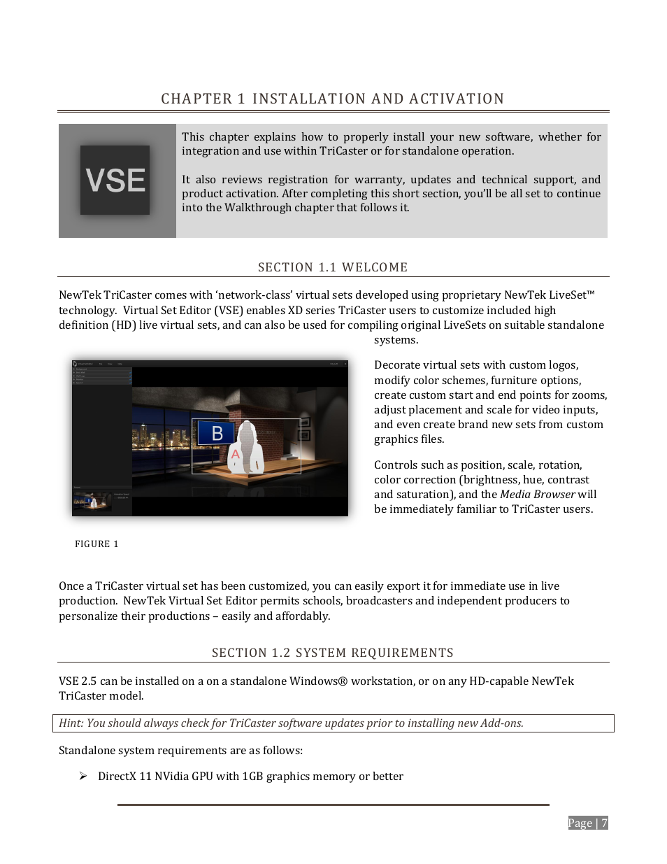 Chapter 1 installation and activation, Ection, Elcome | Ystem, Equirements | NewTek Virtual Set Editor User Manual | Page 9 / 54