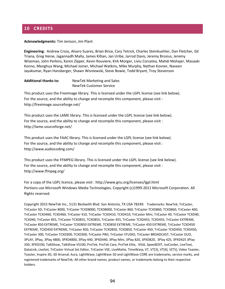 Credits | NewTek LiveText User Manual | Page 101 / 101