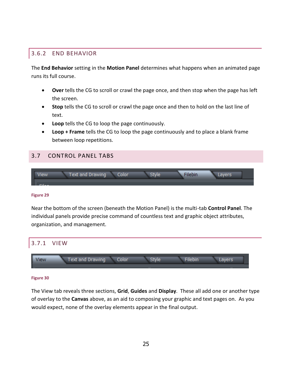 End behavior, Control panel tabs, View | NewTek LiveText User Manual | Page 32 / 101