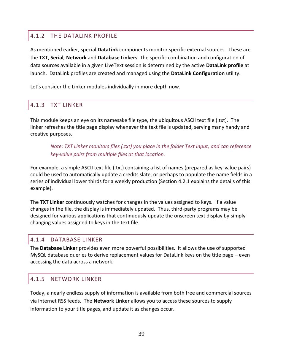 The datalink profile, Txt linker, Database linker | Network linker | NewTek LiveText User Manual | Page 46 / 101