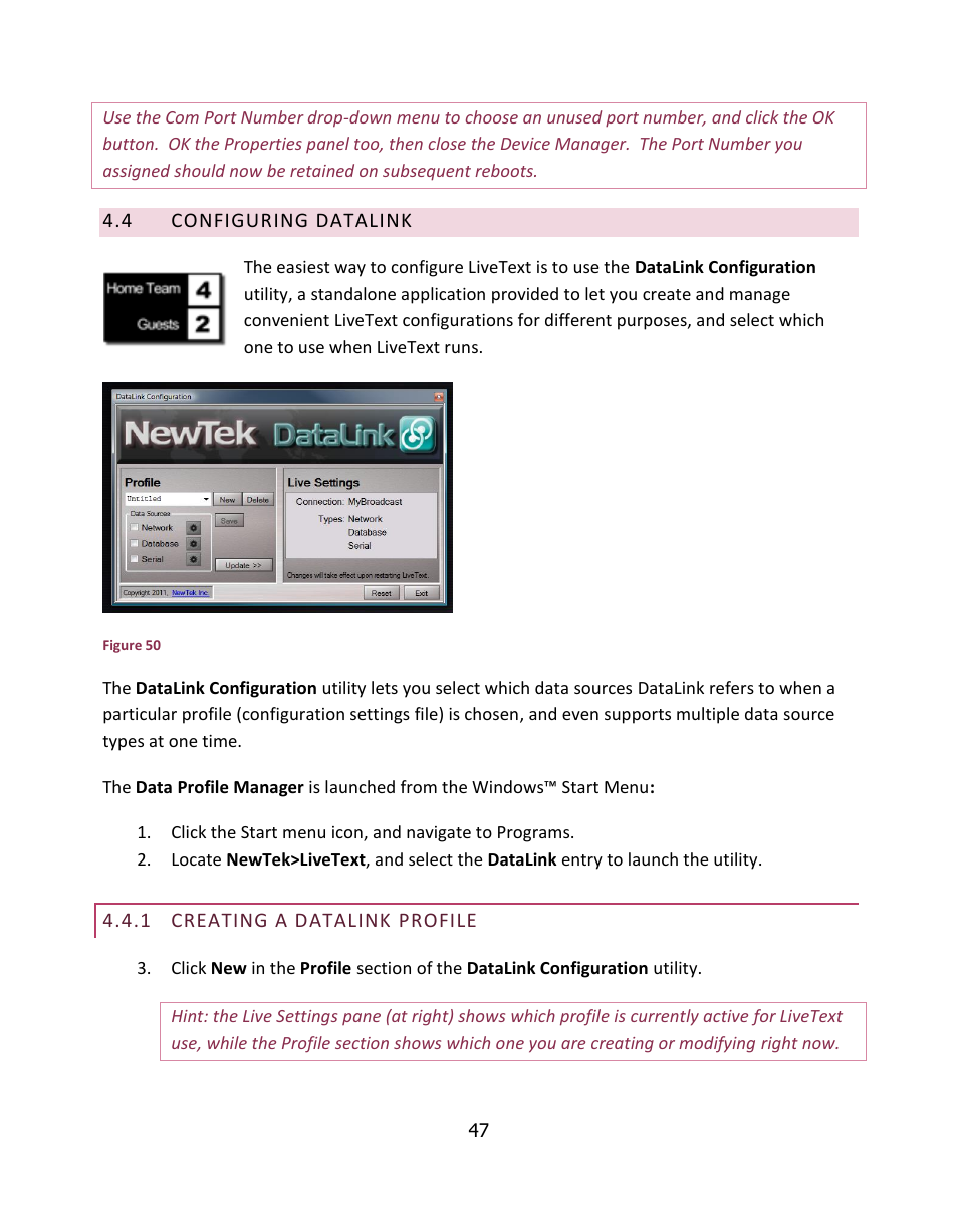 Configuring datalink, Creating a datalink profile | NewTek LiveText User Manual | Page 54 / 101