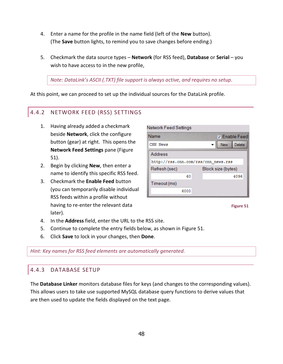 Network feed (rss) settings, Database setup | NewTek LiveText User Manual | Page 55 / 101