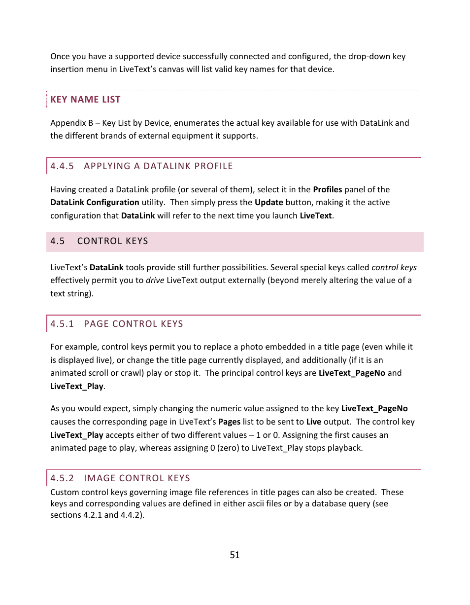 Applying a datalink profile, Control keys, Image control keys | NewTek LiveText User Manual | Page 58 / 101