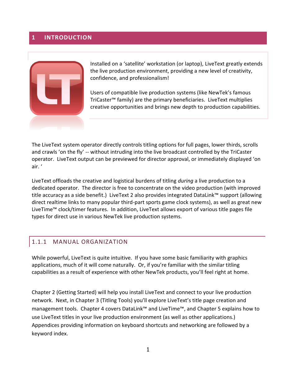 Introduction, Manual organization | NewTek LiveText User Manual | Page 8 / 101