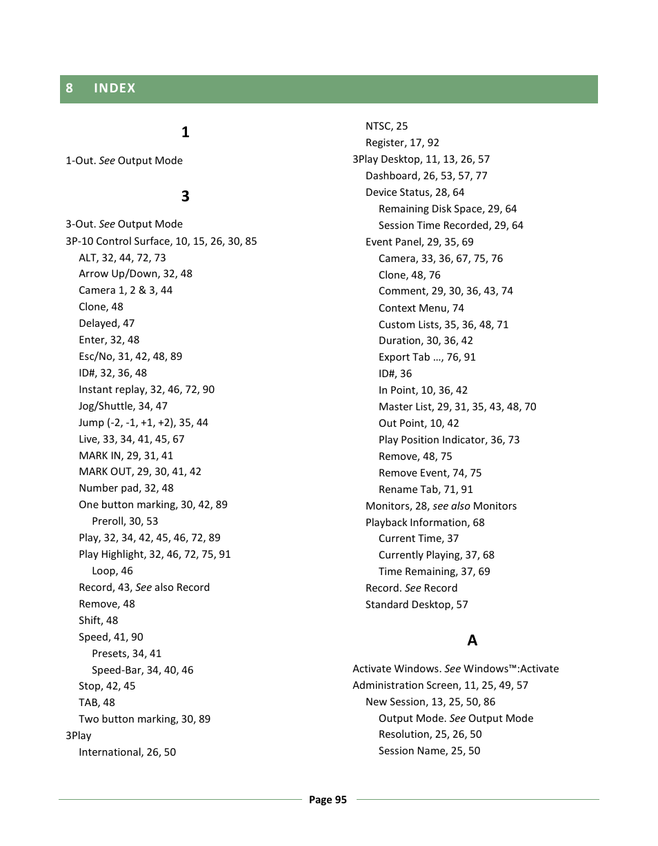 Index | NewTek 3Play 330 User Manual | Page 101 / 107