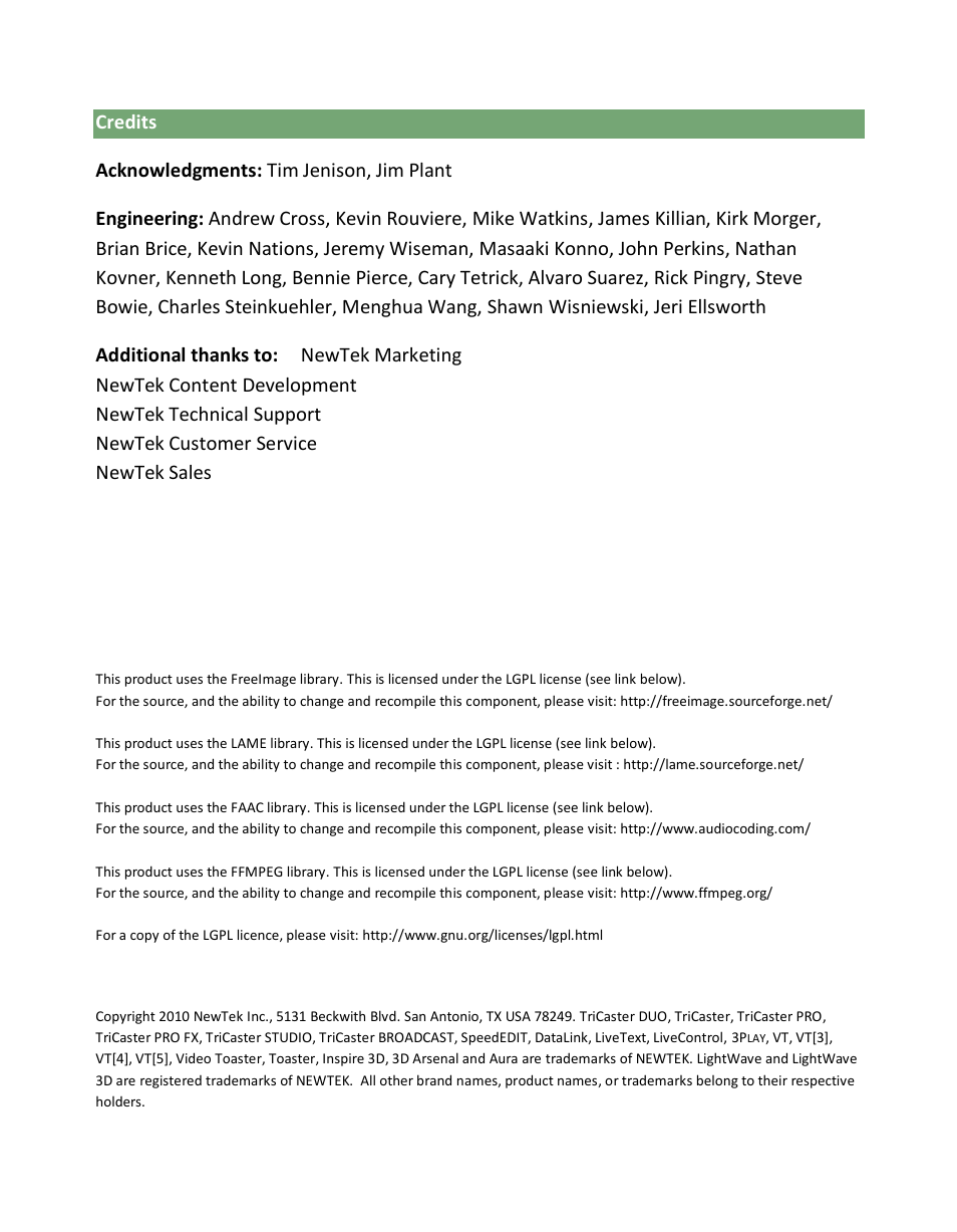 Credits | NewTek 3Play 330 User Manual | Page 107 / 107
