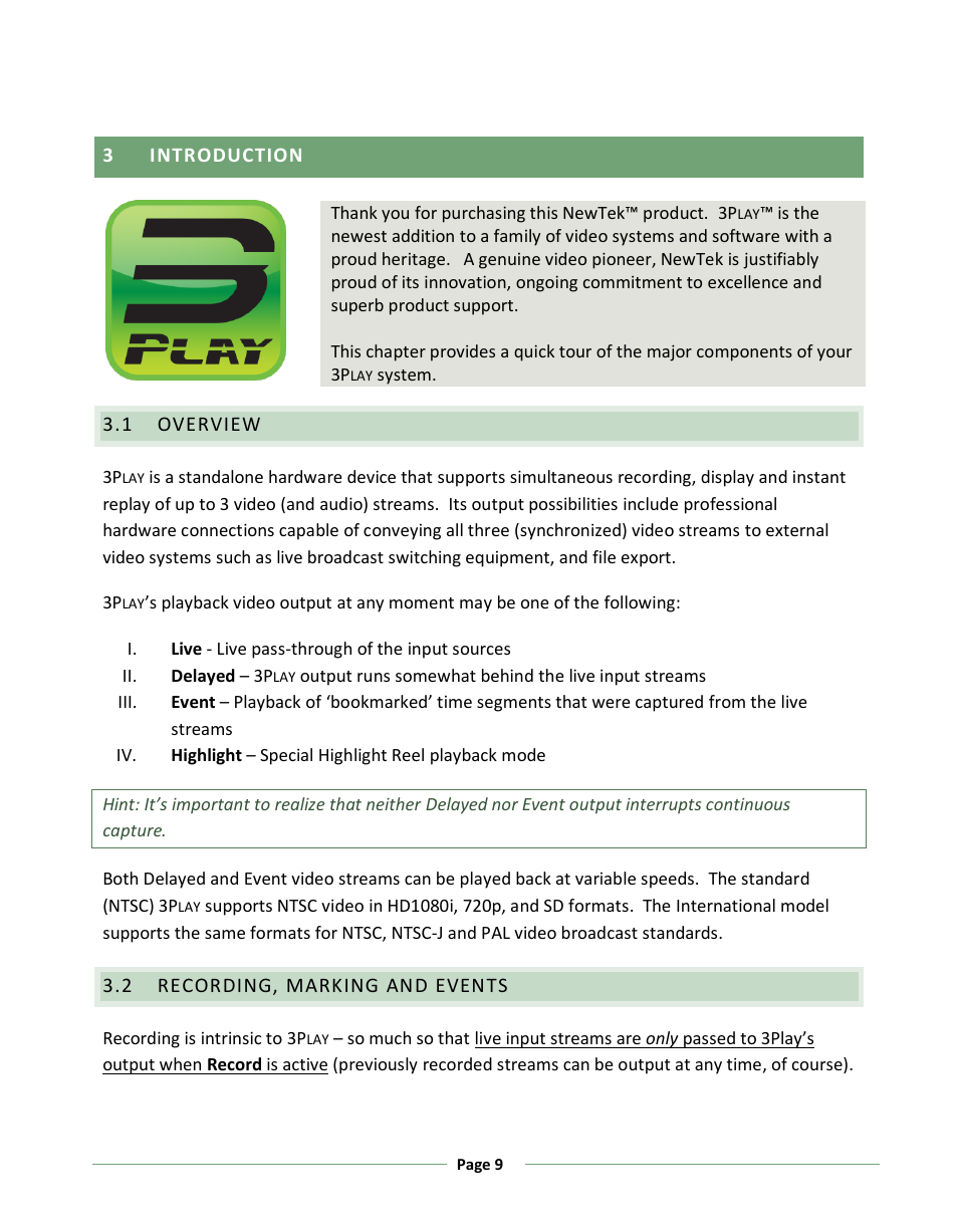 Introduction, Overview, Recording, marking and events | 3 - introduction | NewTek 3Play 330 User Manual | Page 15 / 107