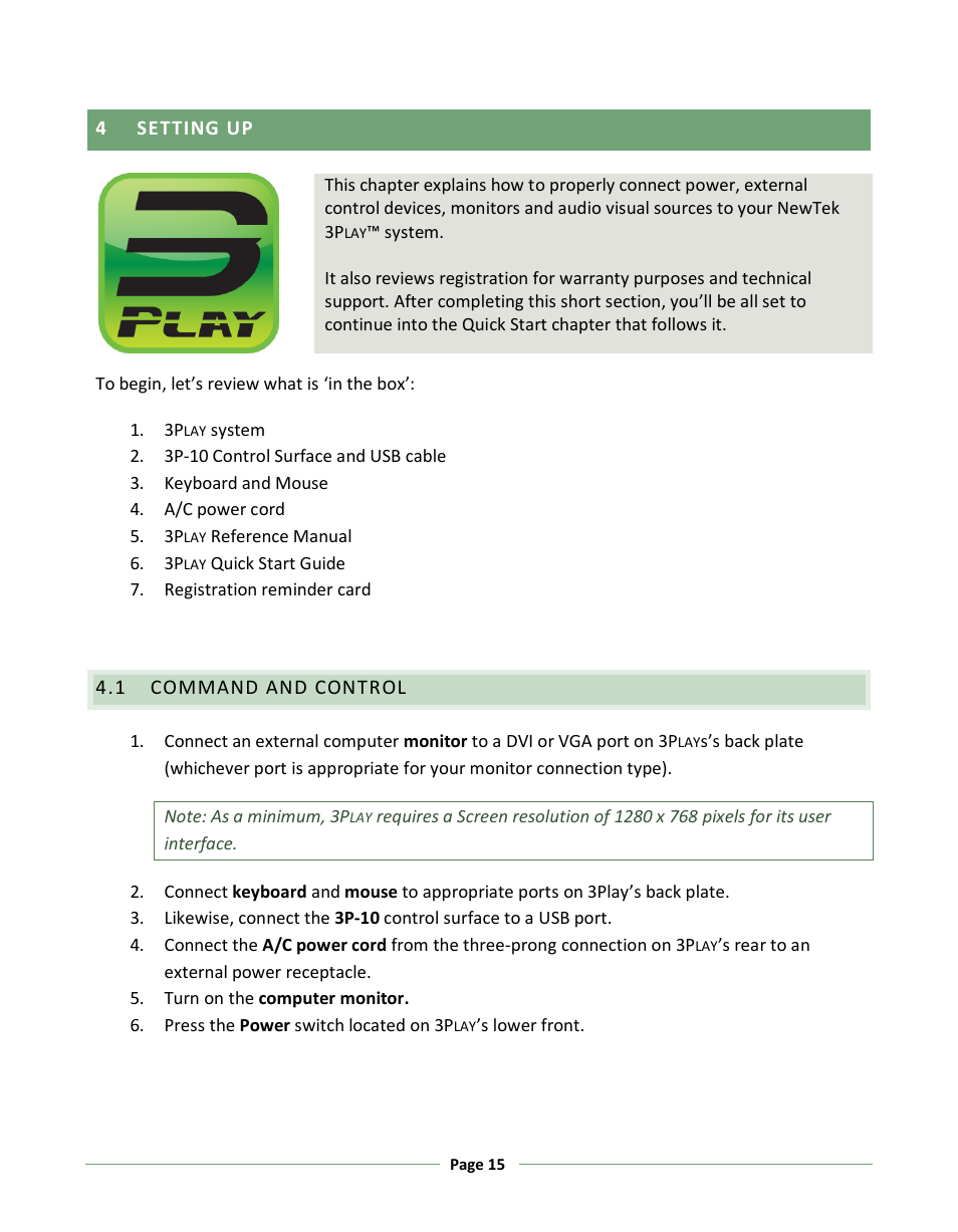 Setting up, Command and control, 4 - setting up | NewTek 3Play 330 User Manual | Page 21 / 107