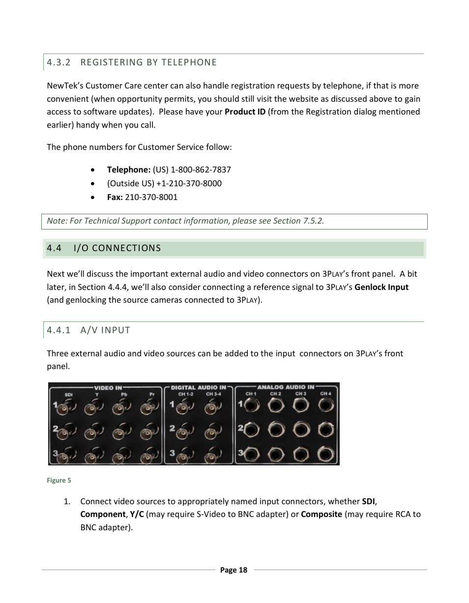 Registering by telephone, I/o connections, A/v input | NewTek 3Play 330 User Manual | Page 24 / 107