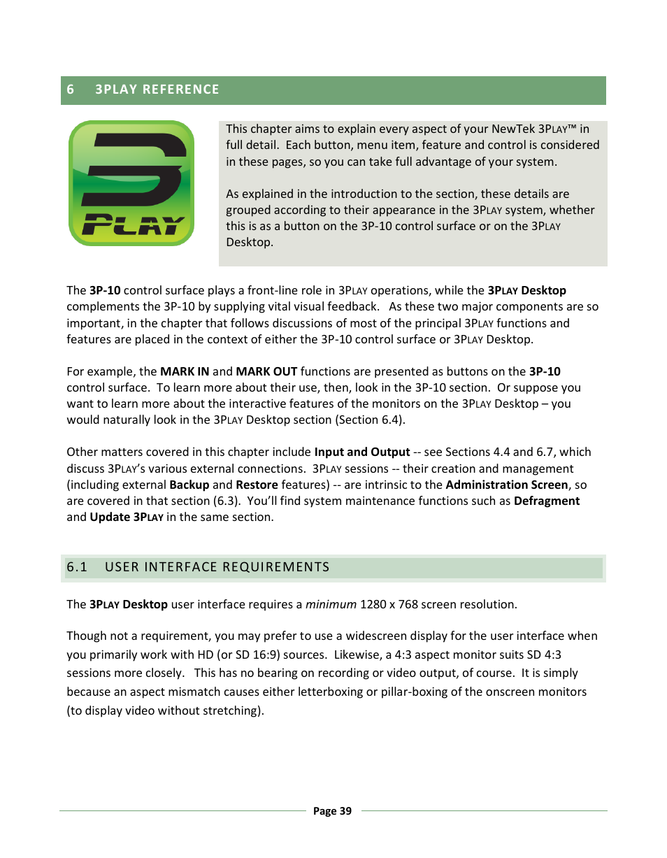 3play reference, User interface requirements, 6 - 3p | Reference, Er 6 | NewTek 3Play 330 User Manual | Page 45 / 107