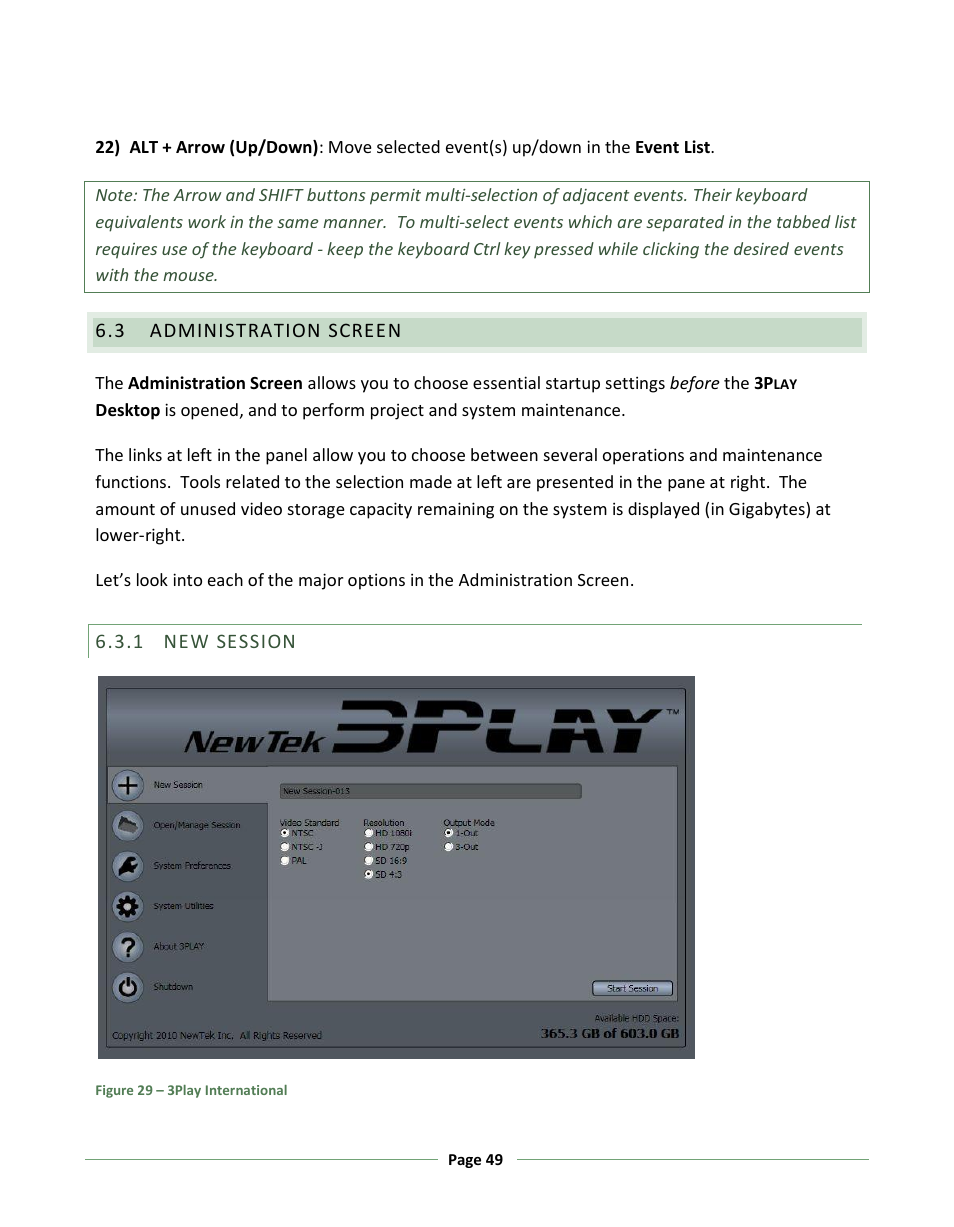 Administration screen, New session | NewTek 3Play 330 User Manual | Page 55 / 107