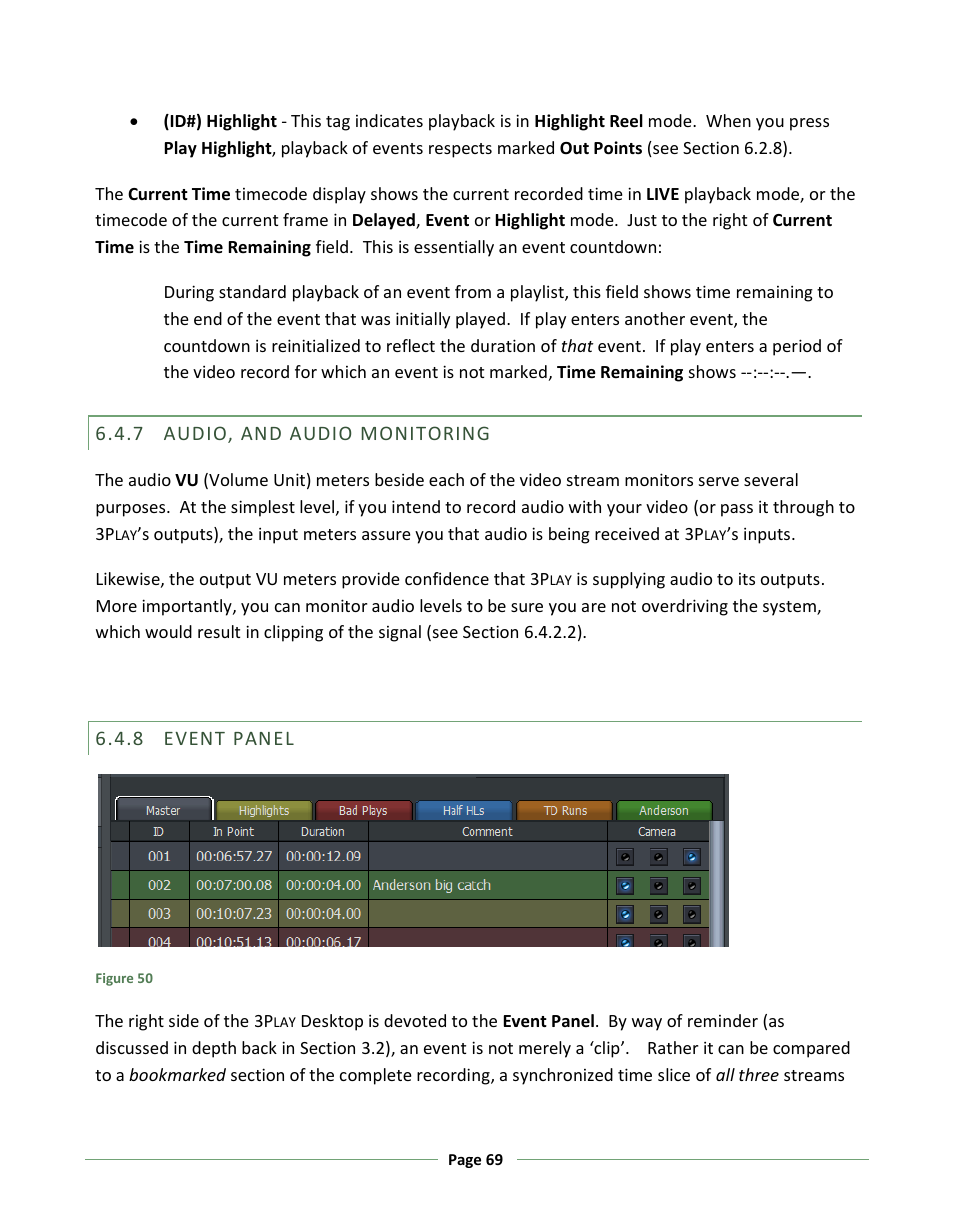 Audio, and audio monitoring, Event panel | NewTek 3Play 330 User Manual | Page 75 / 107