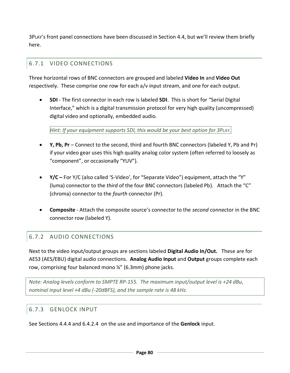 Video connections, Audio connections, Genlock input | NewTek 3Play 330 User Manual | Page 86 / 107