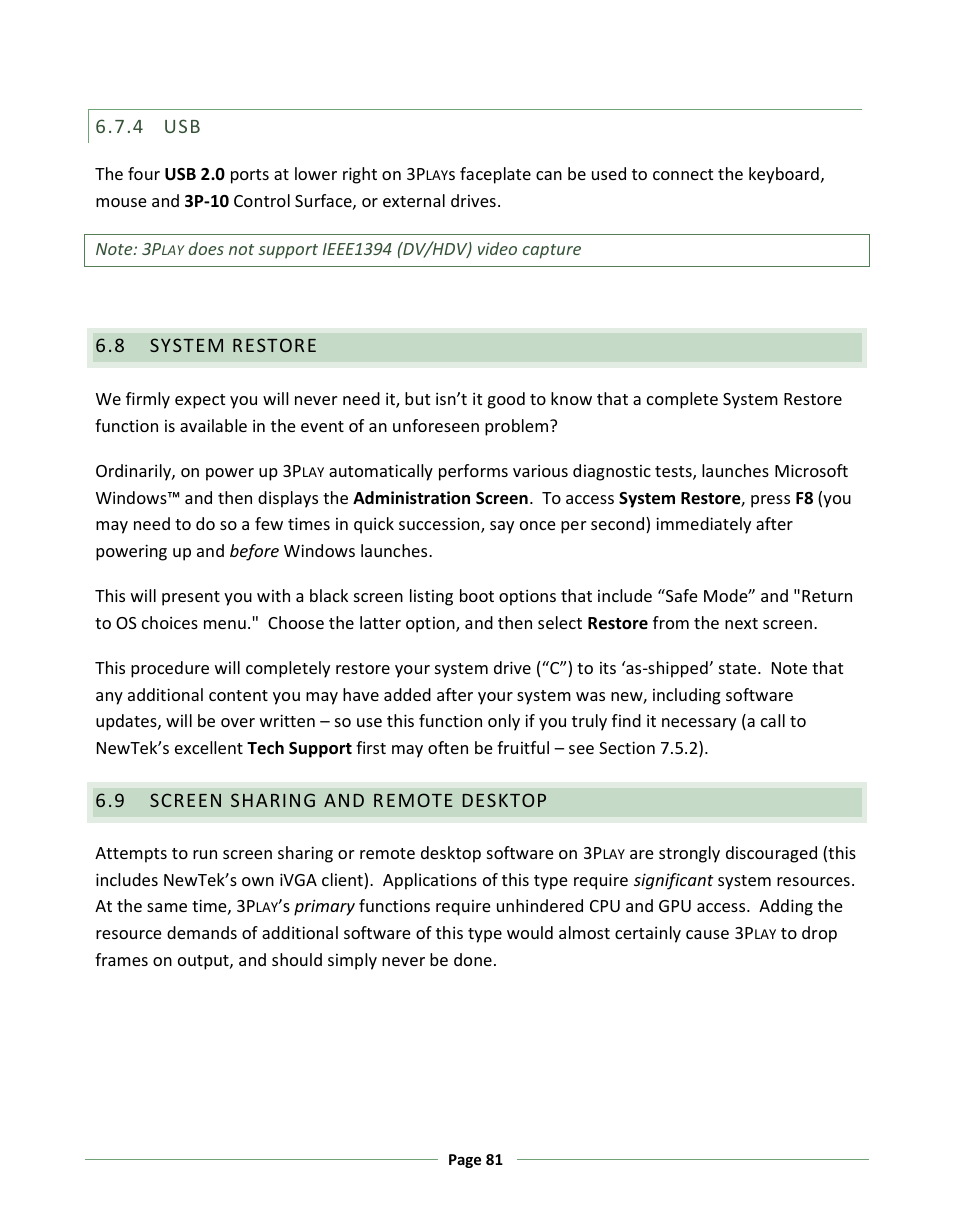 System restore, Screen sharing and remote desktop | NewTek 3Play 330 User Manual | Page 87 / 107