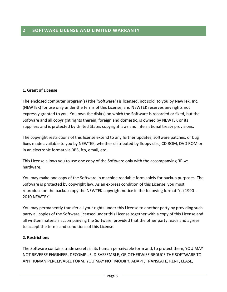 Software license and limited warranty, 2 - software license and limited warranty | NewTek 3Play 330 User Manual | Page 9 / 107