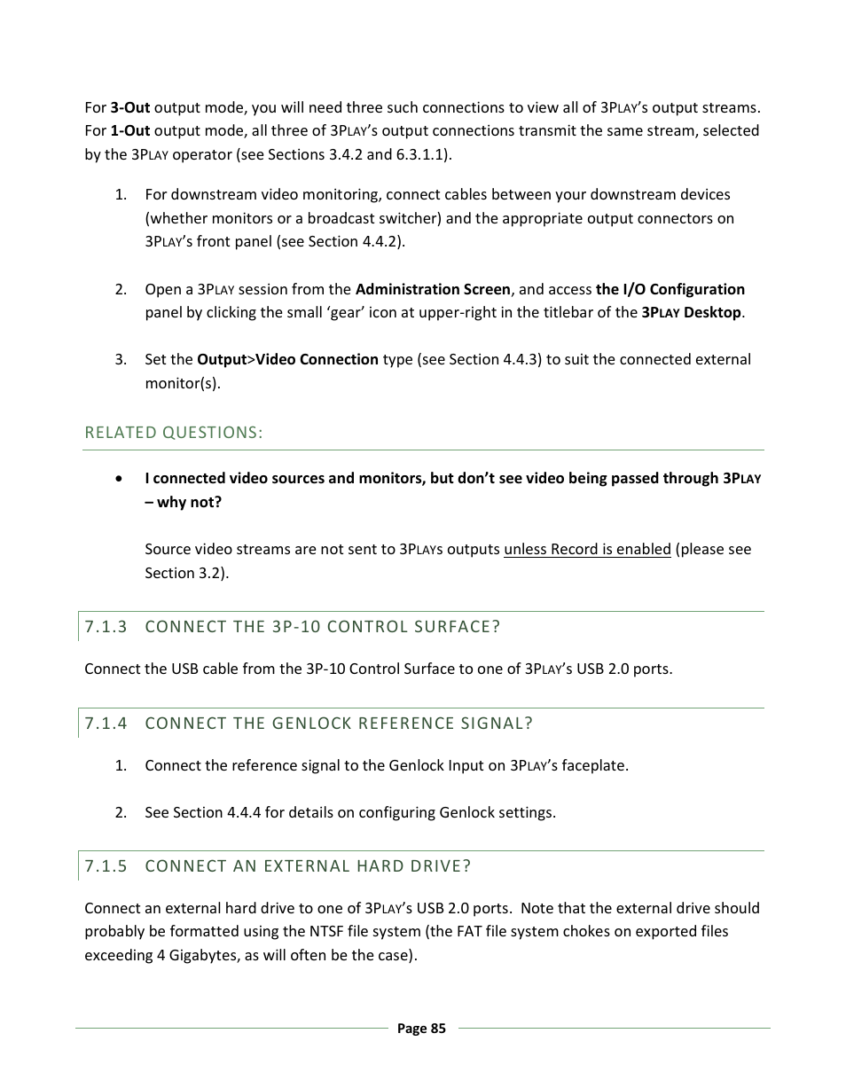 Connect the 3p-10 control surface, Connect the genlock reference signal, Connect an external hard drive | NewTek 3Play 330 User Manual | Page 91 / 107