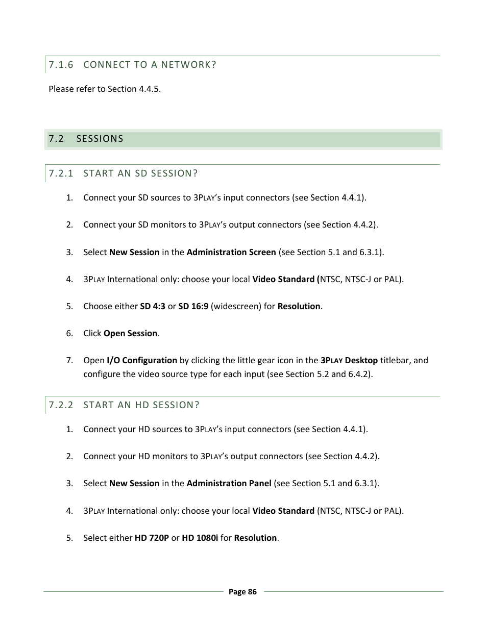 Connect to a network, Sessions, Start an sd session | Start an hd session | NewTek 3Play 330 User Manual | Page 92 / 107