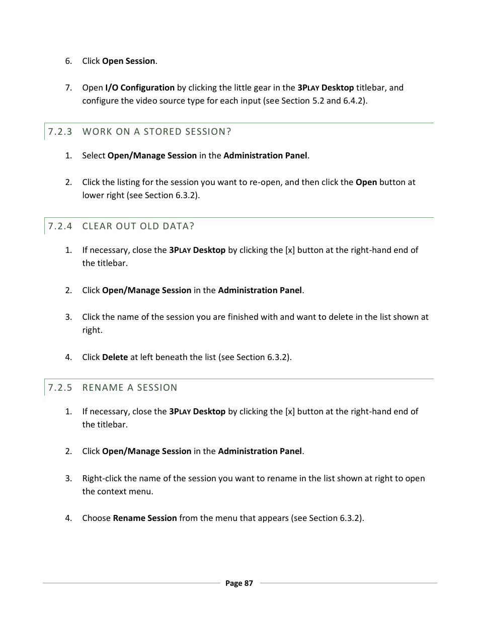 Work on a stored session, Clear out old data, Rename a session | NewTek 3Play 330 User Manual | Page 93 / 107
