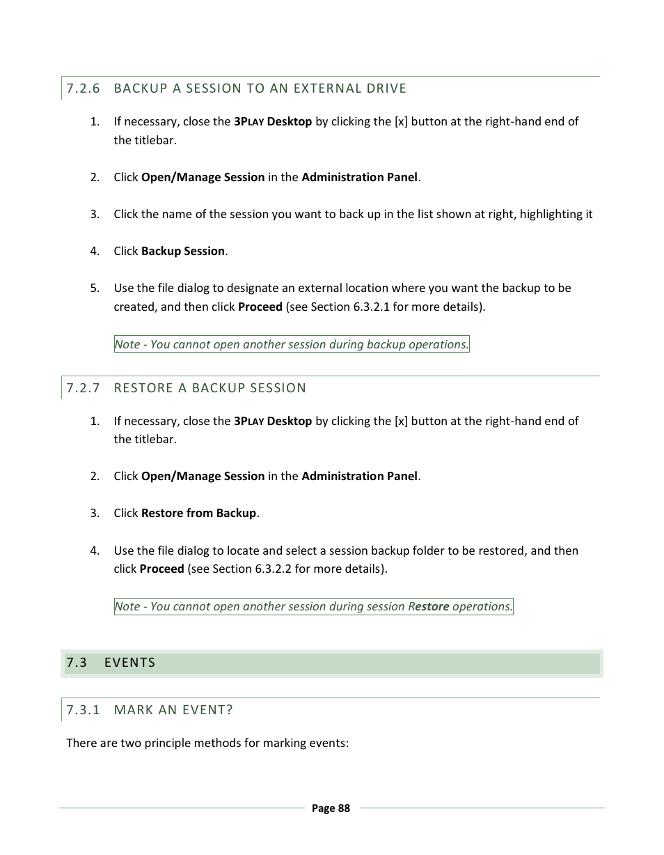 Backup a session to an external drive, Restore a backup session, Events | Mark an event | NewTek 3Play 330 User Manual | Page 94 / 107
