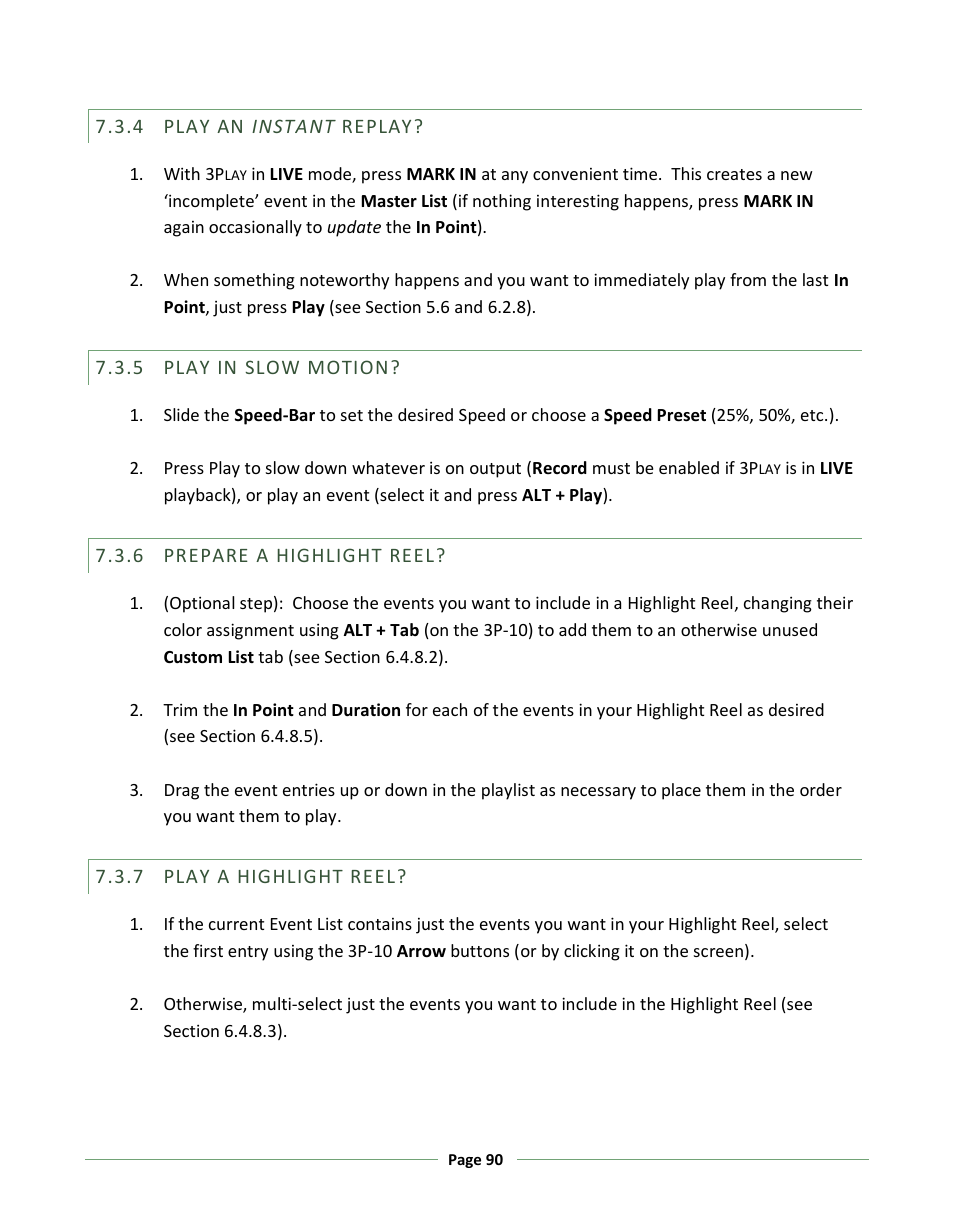 Play an instant replay, Play in slow motion, Prepare a highlight reel | Play a highlight reel | NewTek 3Play 330 User Manual | Page 96 / 107