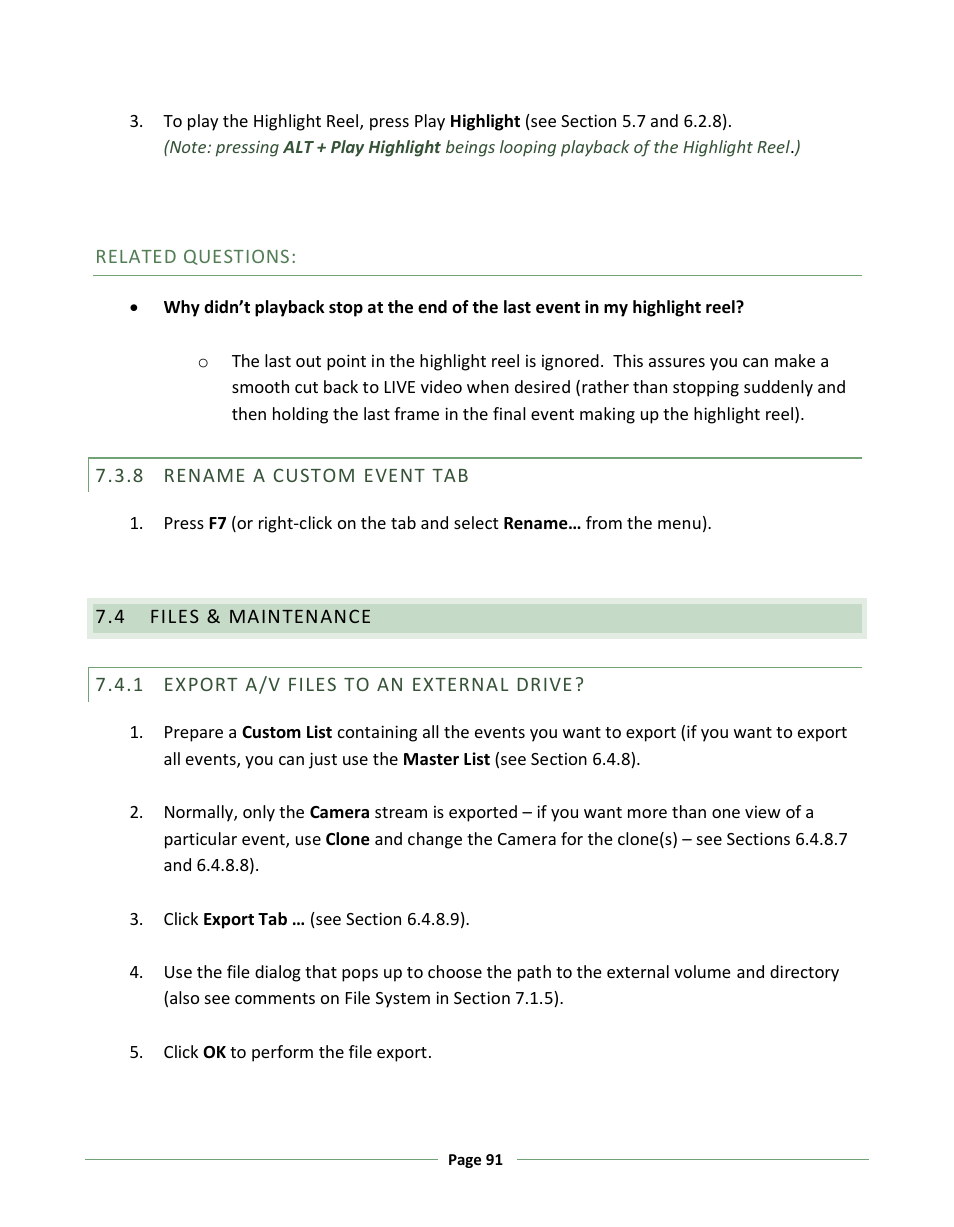 Rename a custom event tab, Files & maintenance, Export a/v files to an external drive | NewTek 3Play 330 User Manual | Page 97 / 107