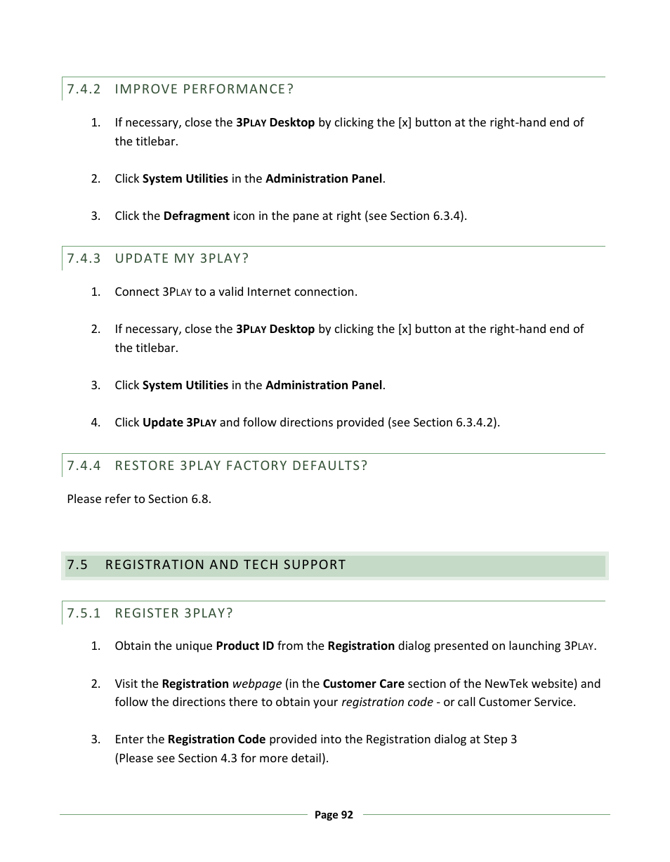 Improve performance, Update my 3play, Restore 3play factory defaults | Registration and tech support, Register 3play | NewTek 3Play 330 User Manual | Page 98 / 107