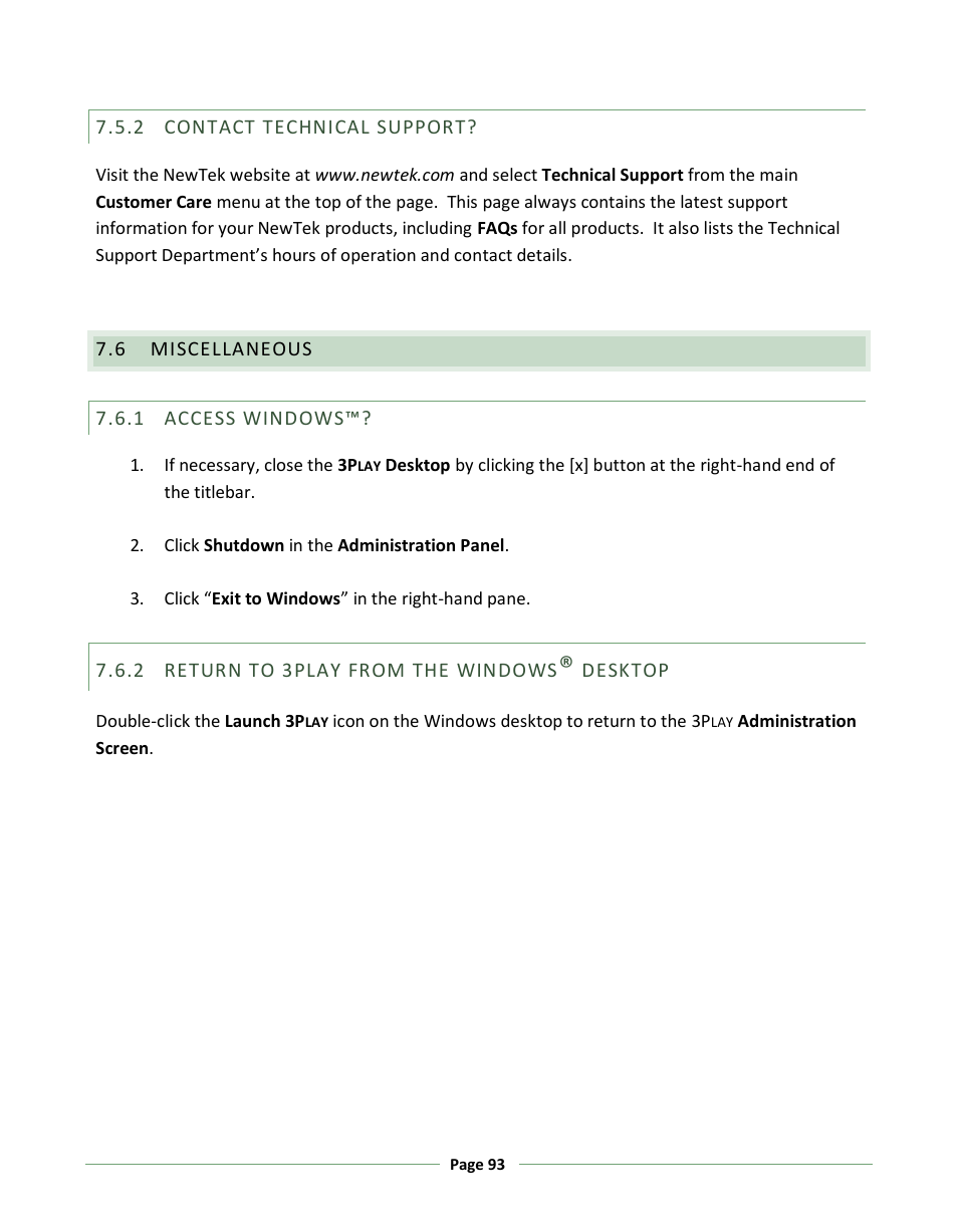 Contact technical support, Miscellaneous, Access windows | Return to 3play from the windows® desktop | NewTek 3Play 330 User Manual | Page 99 / 107