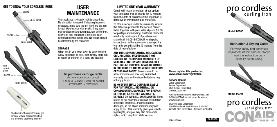 Pro cordless, User maintenance, Curling iron | Straightener, Limited one year warranty | Conair Styling Iron User Manual | Page 2 / 2