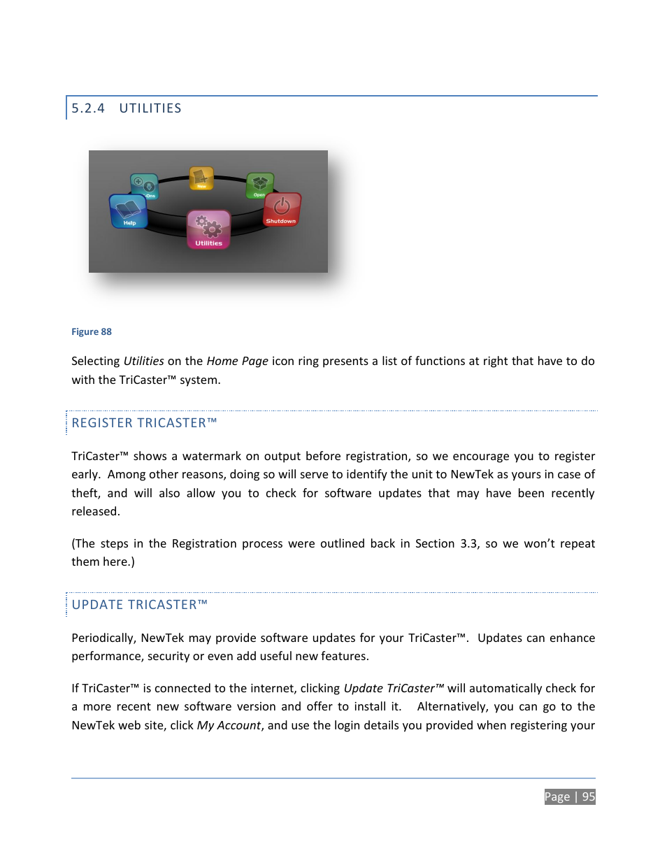 4 utilities, Register tricaster, Update tricaster | Utilities | NewTek TriCaster 300 User Manual | Page 111 / 328