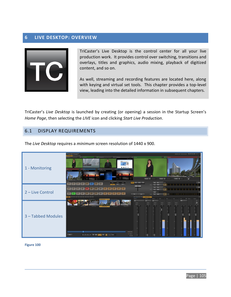 6 live desktop: overview, 1 display requirements, Live desktop: overview | Display requirements | NewTek TriCaster 300 User Manual | Page 121 / 328