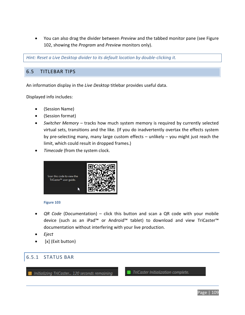 5 titlebar tips, 1 status bar, Titlebar tips | Status bar | NewTek TriCaster 300 User Manual | Page 125 / 328