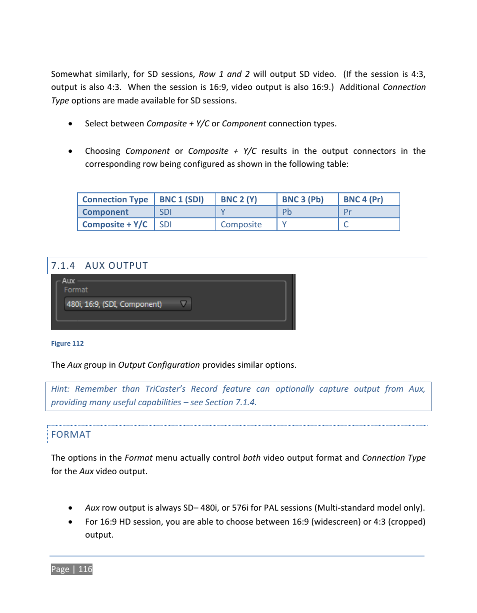 4 aux output, Format, Aux output | NewTek TriCaster 300 User Manual | Page 132 / 328