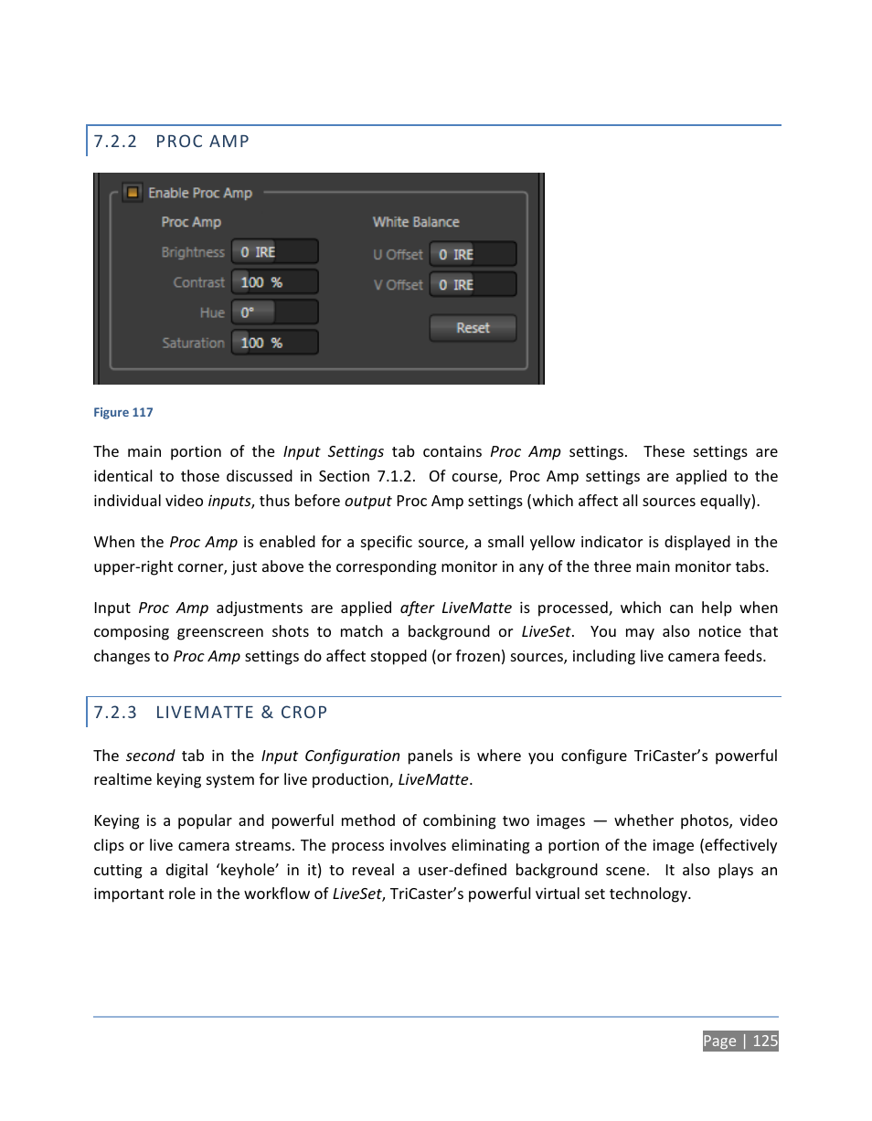 2 proc amp, 3 livematte & crop, Proc amp | Livematte & crop | NewTek TriCaster 300 User Manual | Page 141 / 328