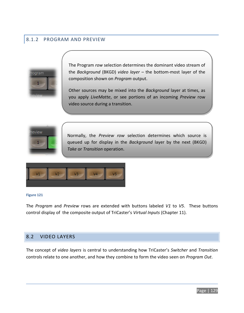 2 program and preview, 2 video layers, Program and preview | Video layers | NewTek TriCaster 300 User Manual | Page 145 / 328