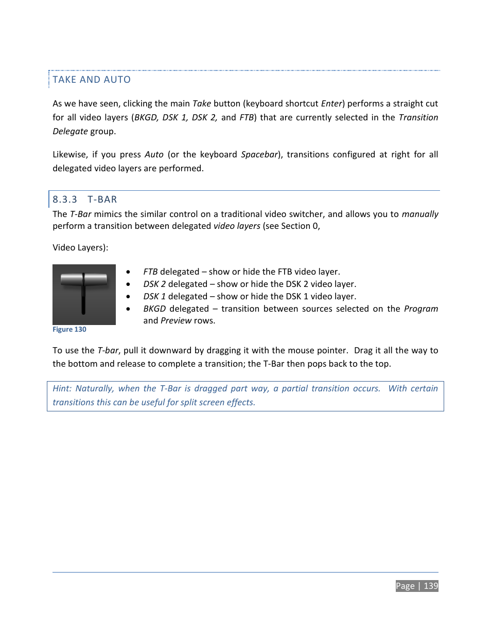 Take and auto, 3 t-bar, T-bar | NewTek TriCaster 300 User Manual | Page 155 / 328