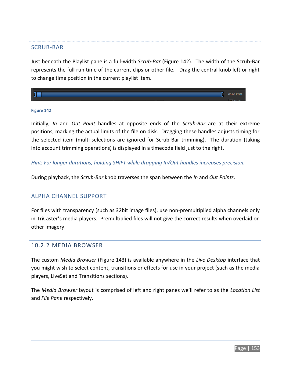 Scrub-bar, Alpha channel support, 2 media browser | Media browser | NewTek TriCaster 300 User Manual | Page 169 / 328