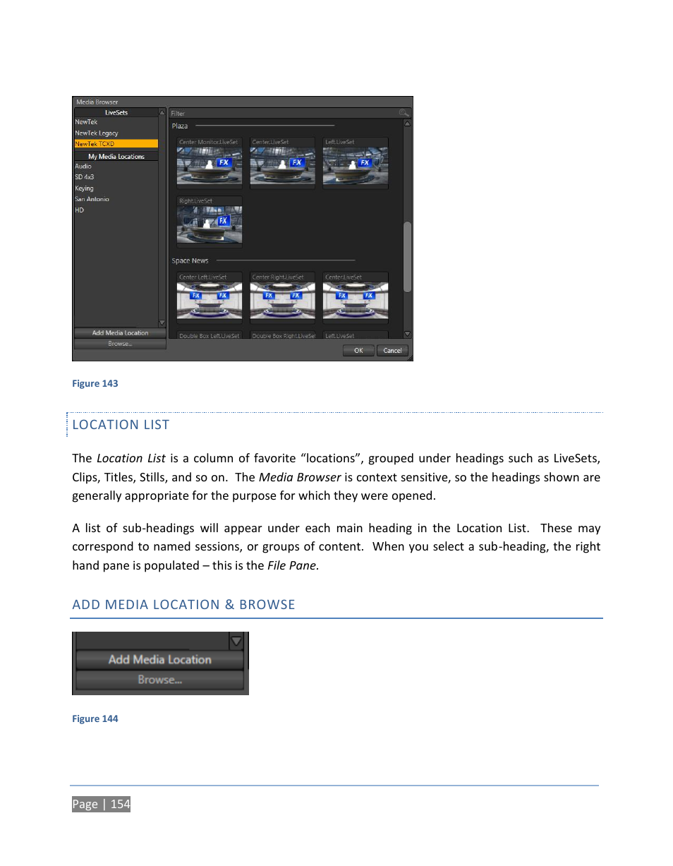 Location list, Add media location & browse | NewTek TriCaster 300 User Manual | Page 170 / 328