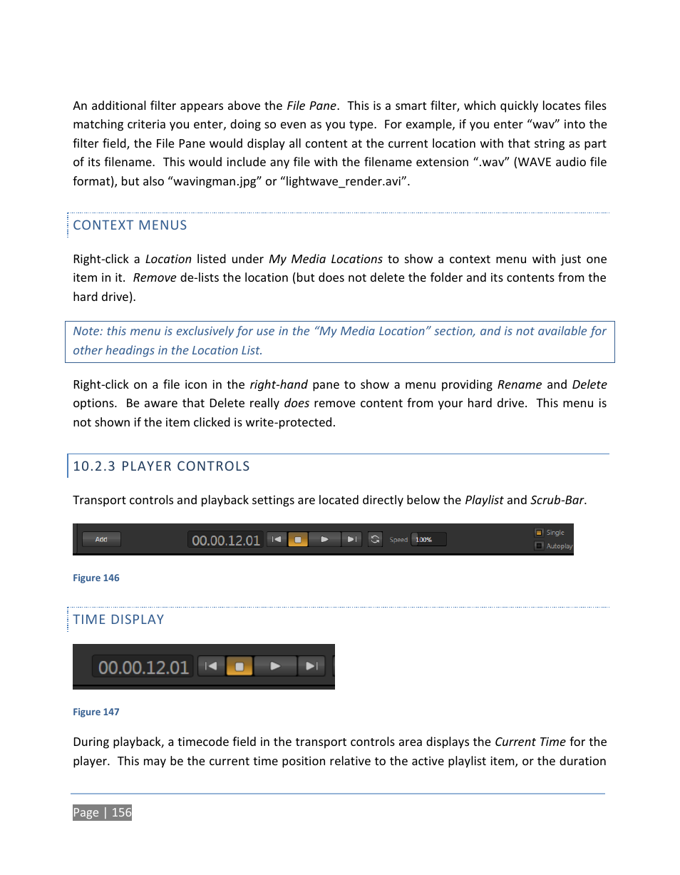 Context menus, 3 player controls, Time display | Player controls | NewTek TriCaster 300 User Manual | Page 172 / 328