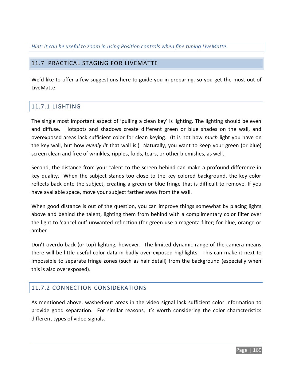 7 practical staging for livematte, 1 lighting, 2 connection considerations | Practical staging for livematte, Lighting, Connection considerations | NewTek TriCaster 300 User Manual | Page 185 / 328