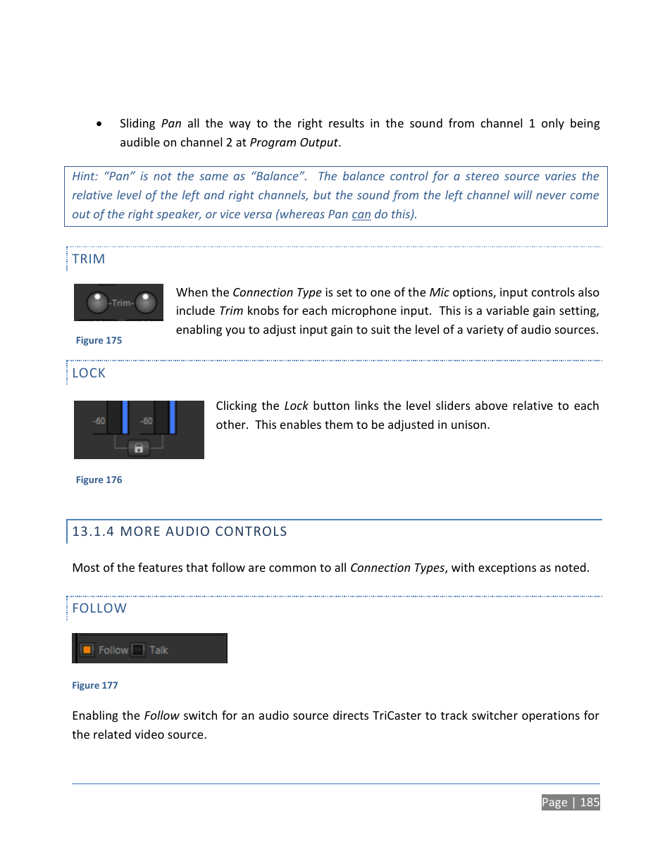 Trim, Lock, 4 more audio controls | Follow, More audio controls | NewTek TriCaster 300 User Manual | Page 201 / 328