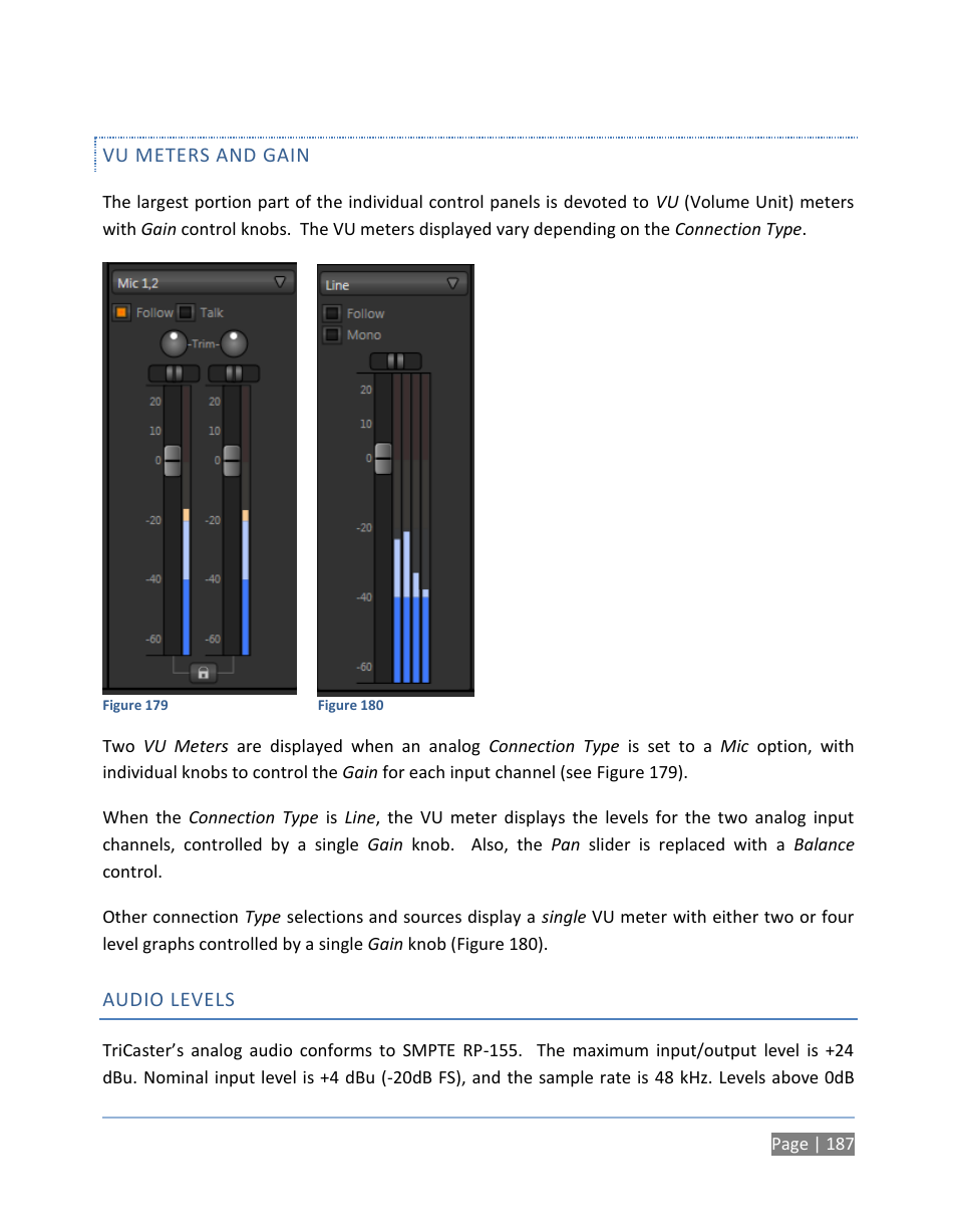 Vu meters and gain, Audio levels | NewTek TriCaster 300 User Manual | Page 203 / 328