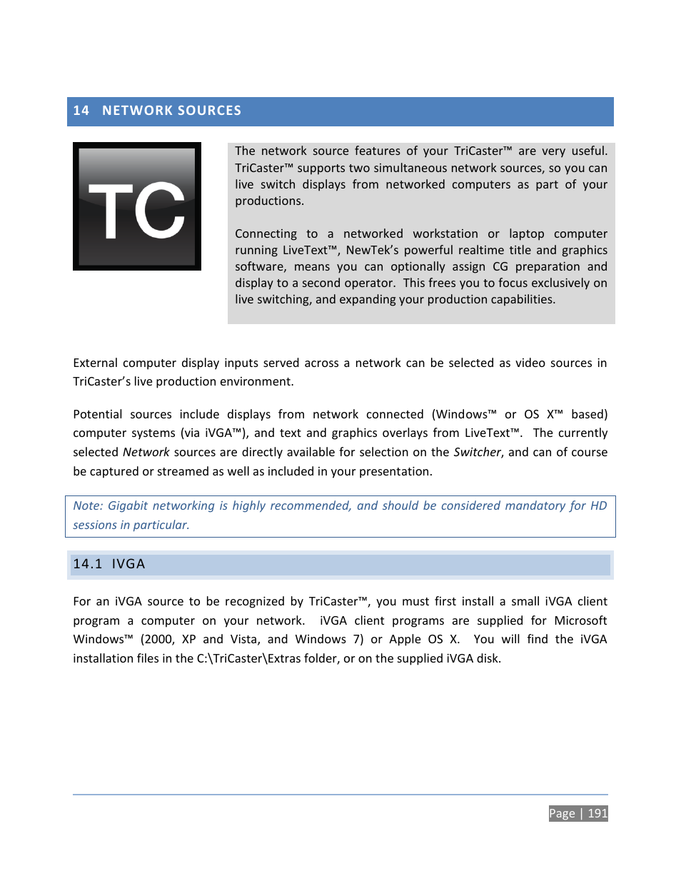 14 network sources, 1 ivga, Network sources | Ivga | NewTek TriCaster 300 User Manual | Page 207 / 328