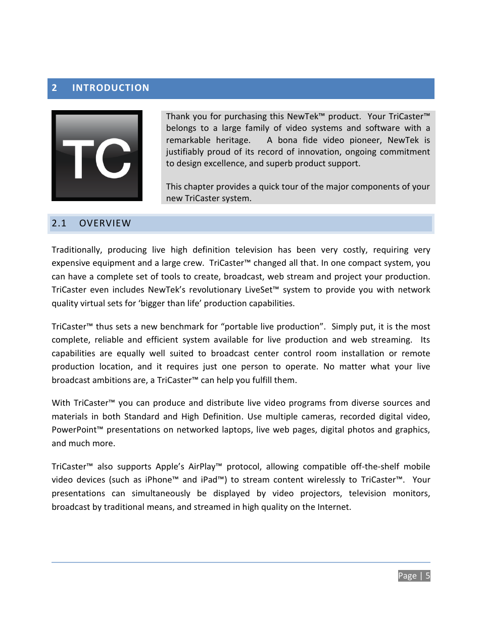 2 introduction, 1 overview, Introduction | Overview | NewTek TriCaster 300 User Manual | Page 21 / 328