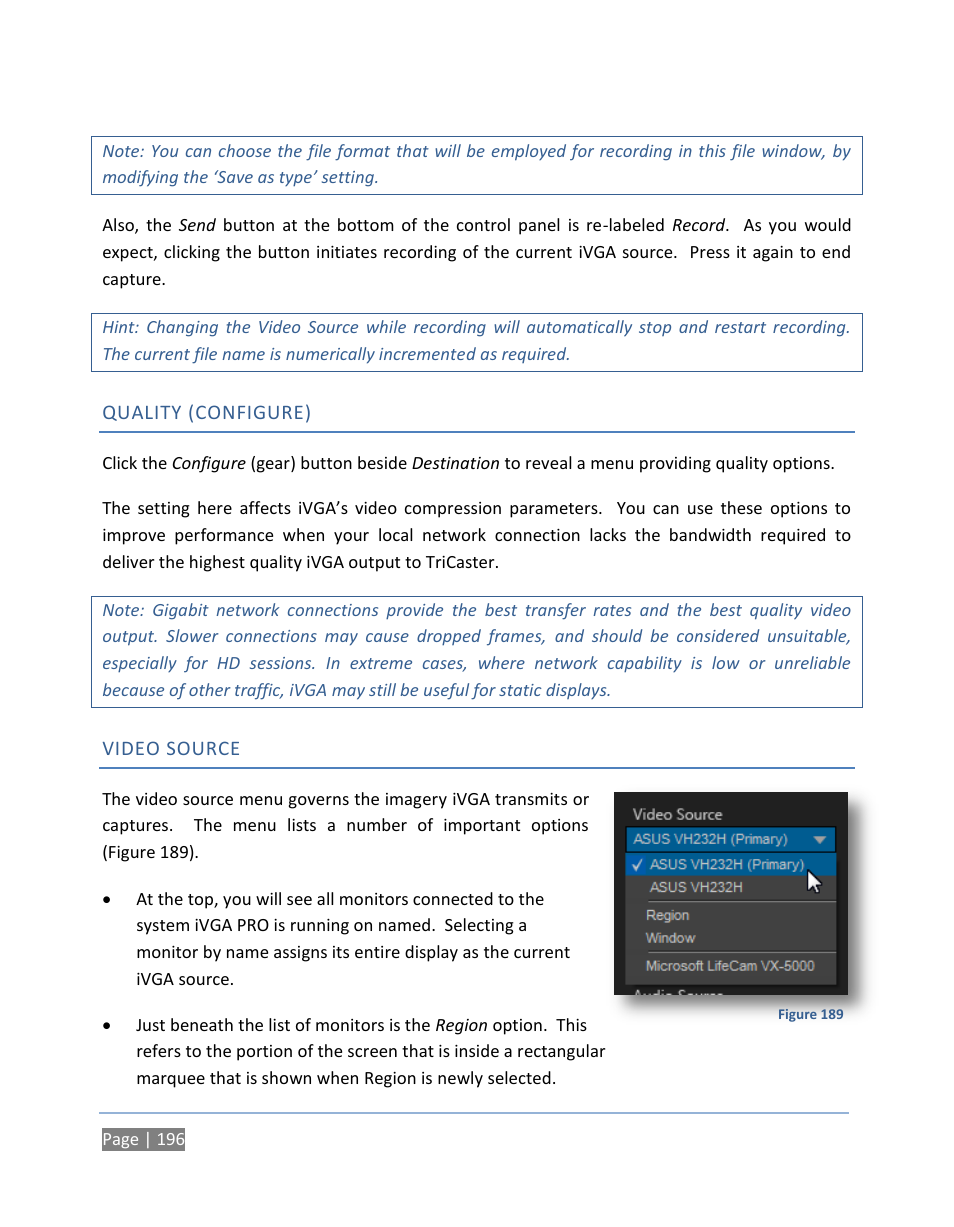 Quality (configure), Video source | NewTek TriCaster 300 User Manual | Page 212 / 328