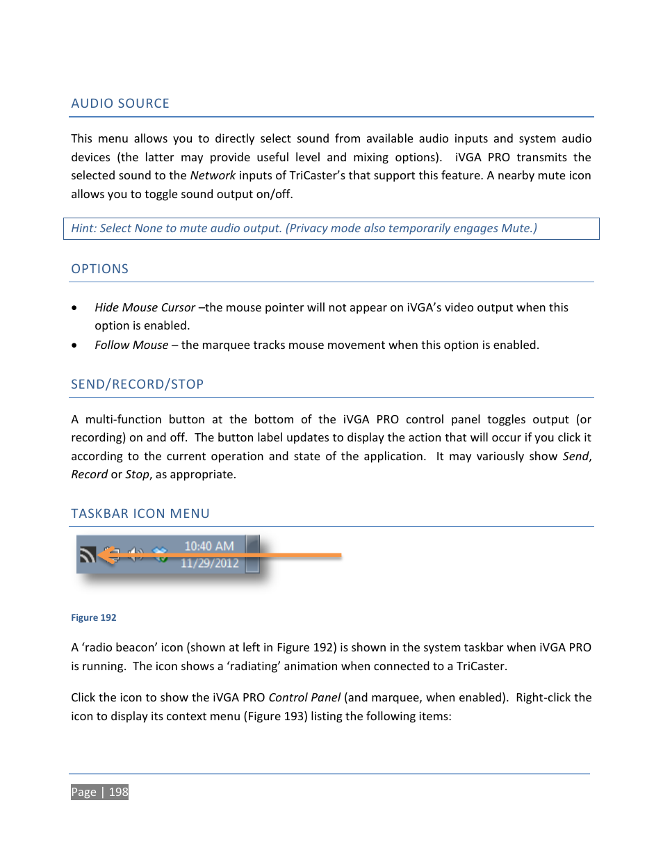 Audio source, Options, Send/record/stop | Taskbar icon menu | NewTek TriCaster 300 User Manual | Page 214 / 328