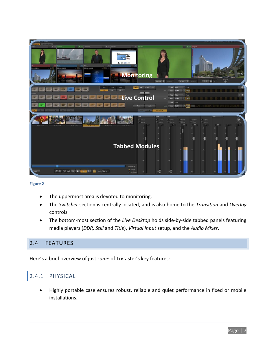 4 features, 1 physical, Features | Physical, Monitoring live control tabbed modules | NewTek TriCaster 300 User Manual | Page 23 / 328