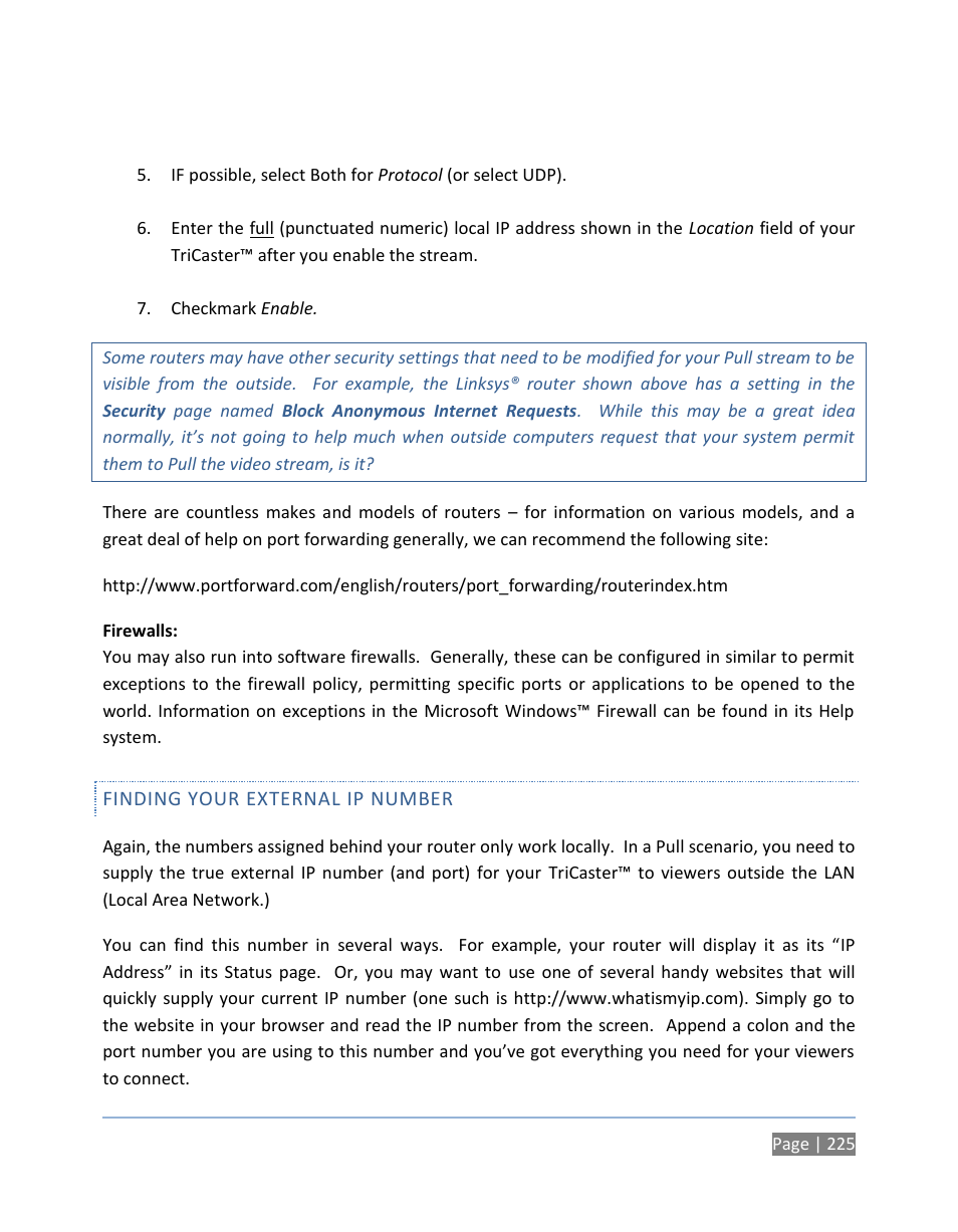 Finding your external ip number | NewTek TriCaster 300 User Manual | Page 241 / 328