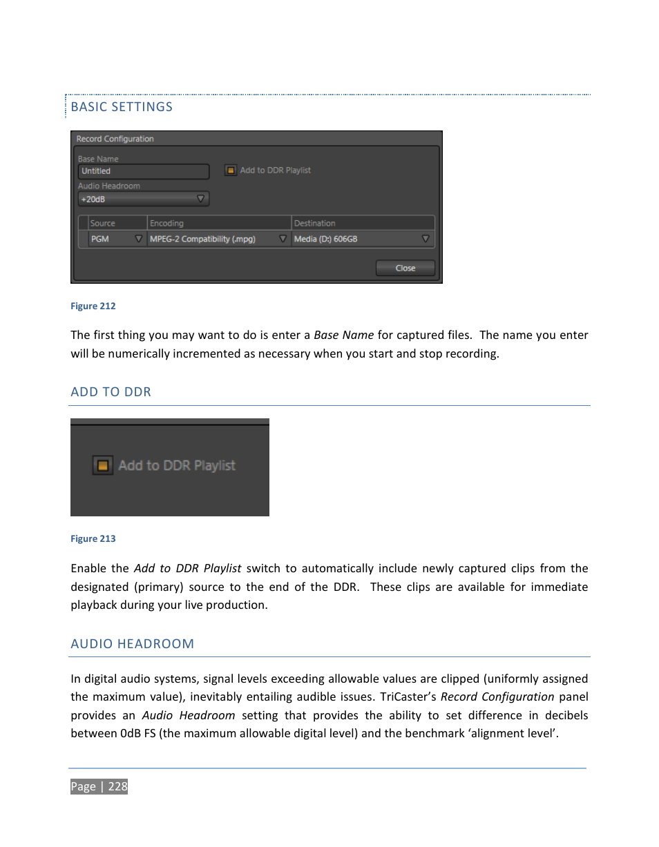 Basic settings, Add to ddr, Audio headroom | NewTek TriCaster 300 User Manual | Page 244 / 328