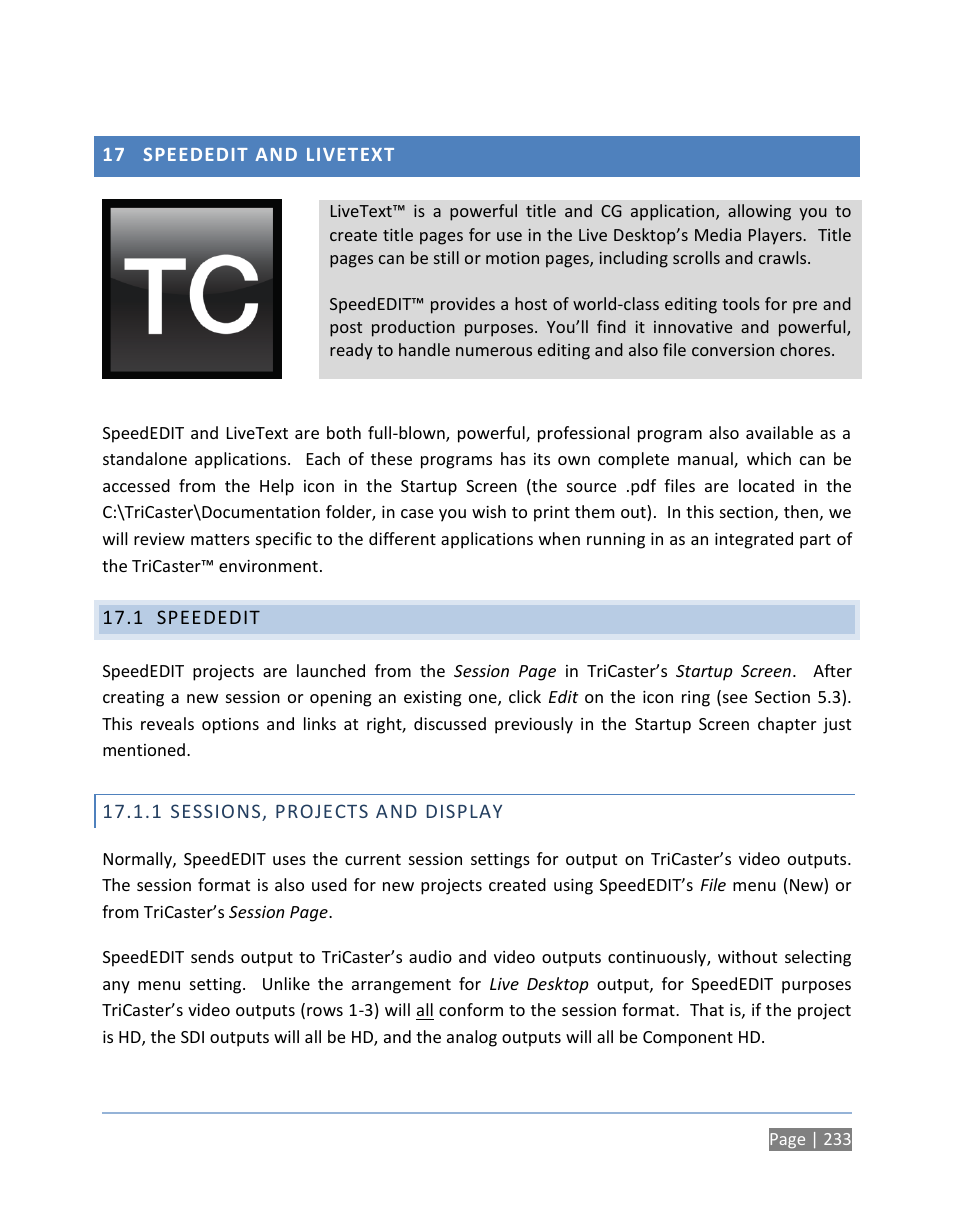 17 speededit and livetext, 1 speededit, 1 sessions, projects and display | Speededit and livetext, Speededit, Sessions, projects and display | NewTek TriCaster 300 User Manual | Page 249 / 328